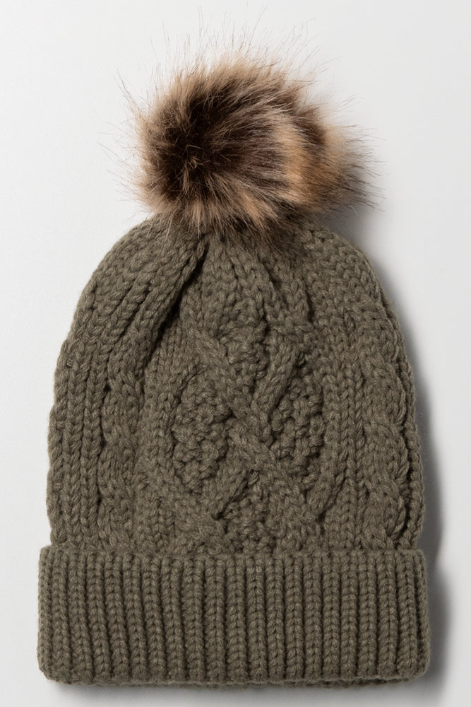 Faux Fur Pom Pom Chunky Knit Beanie Green