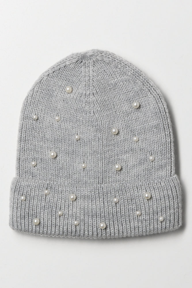 Pearl Detail Beanie Grey