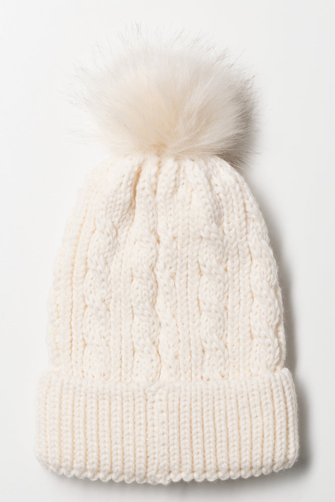 Faux Fur Pom Pom Chunky Knit Beanie Cream