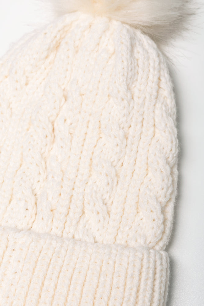 Faux Fur Pom Pom Chunky Knit Beanie Cream