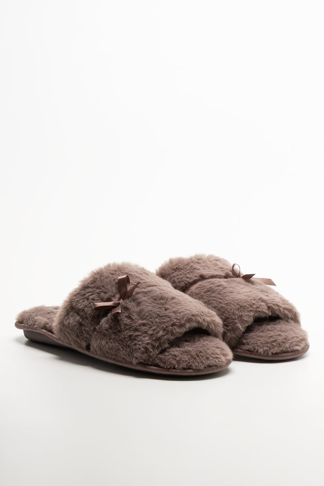 Satin Bow Open Toe Slippers Brown