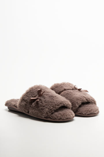 Satin Bow Open Toe Slippers Brown