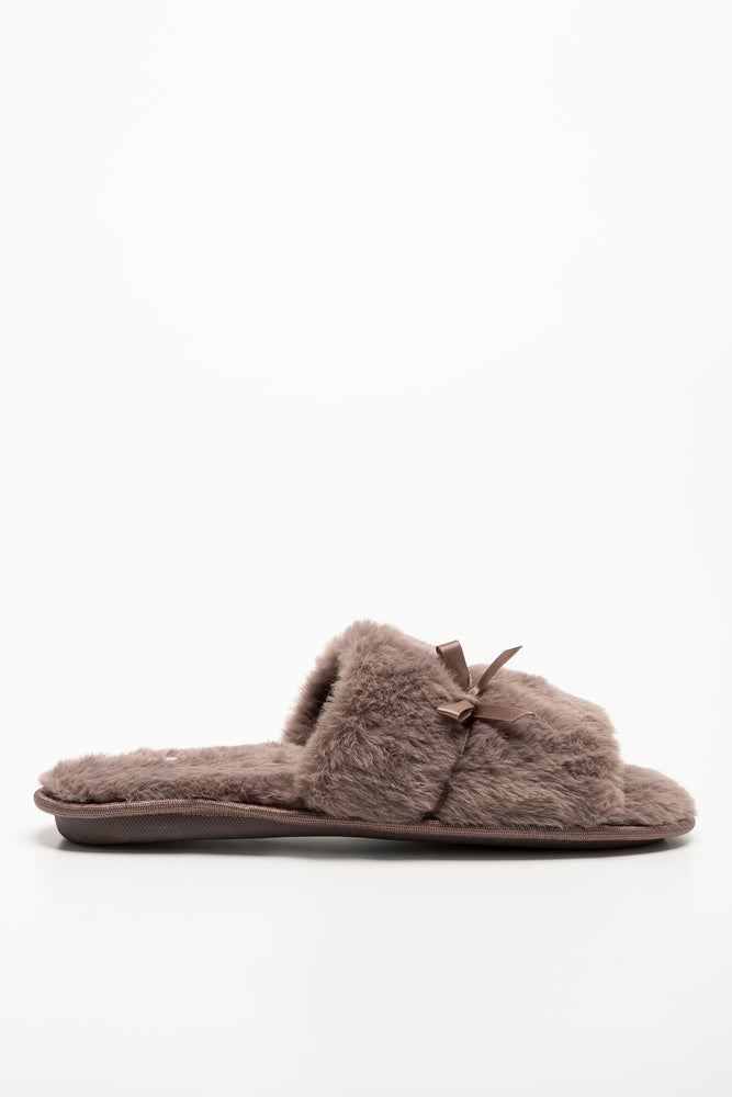 Satin Bow Open Toe Slippers Brown (1)