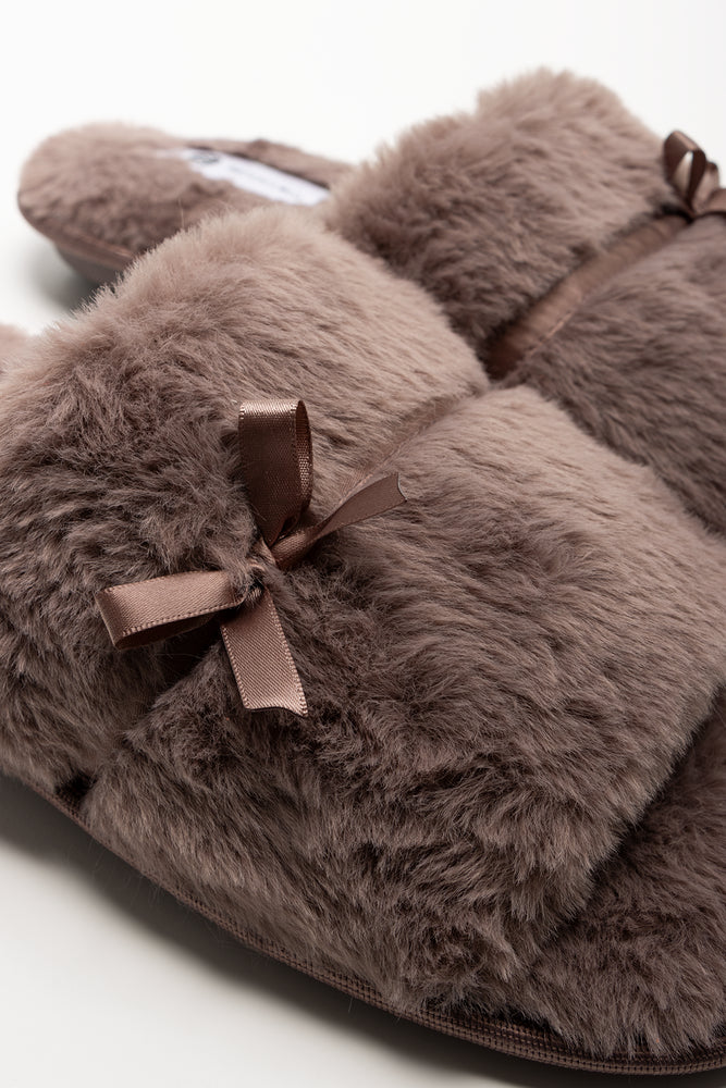 Satin Bow Open Toe Slippers Brown (2)