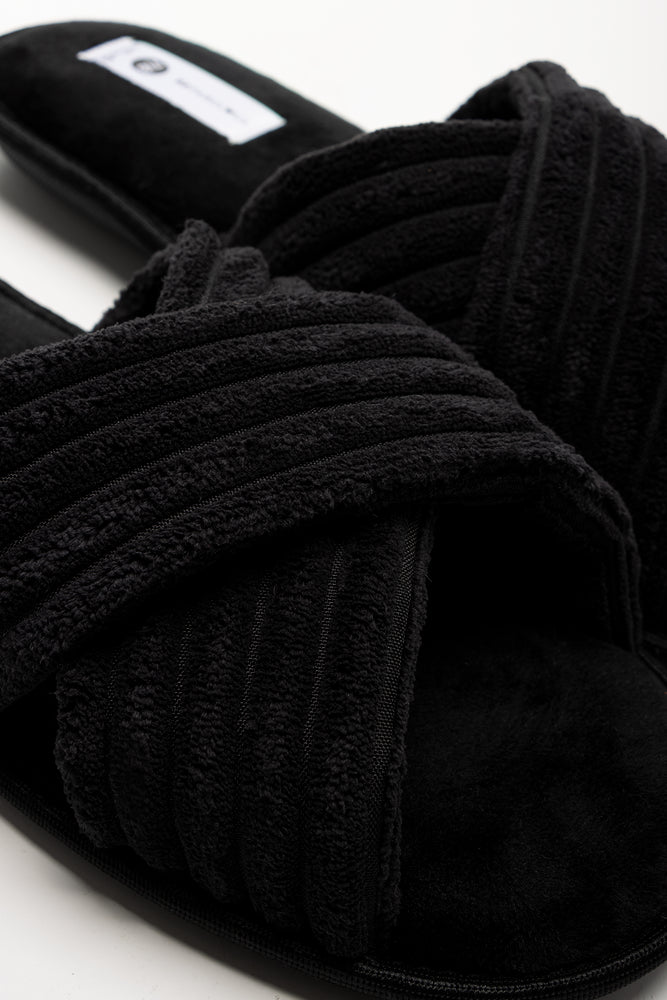 Rib Open Toe Slippers Black (2)