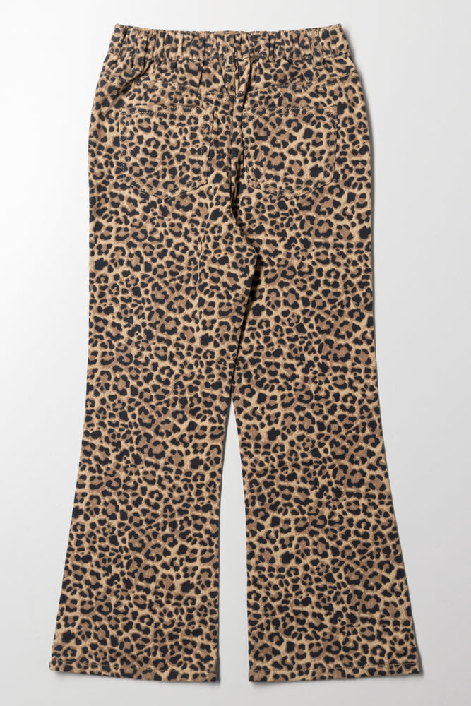 Animal Print Flare Denim Jeans Brown (2)
