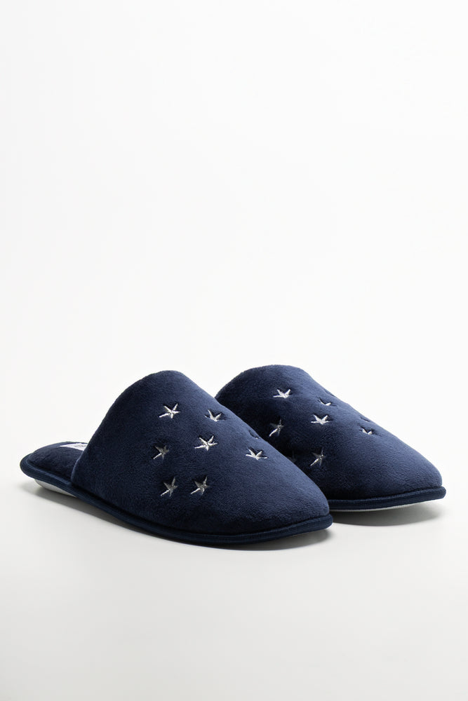 Star Trim Closed Toe Slippers Navy