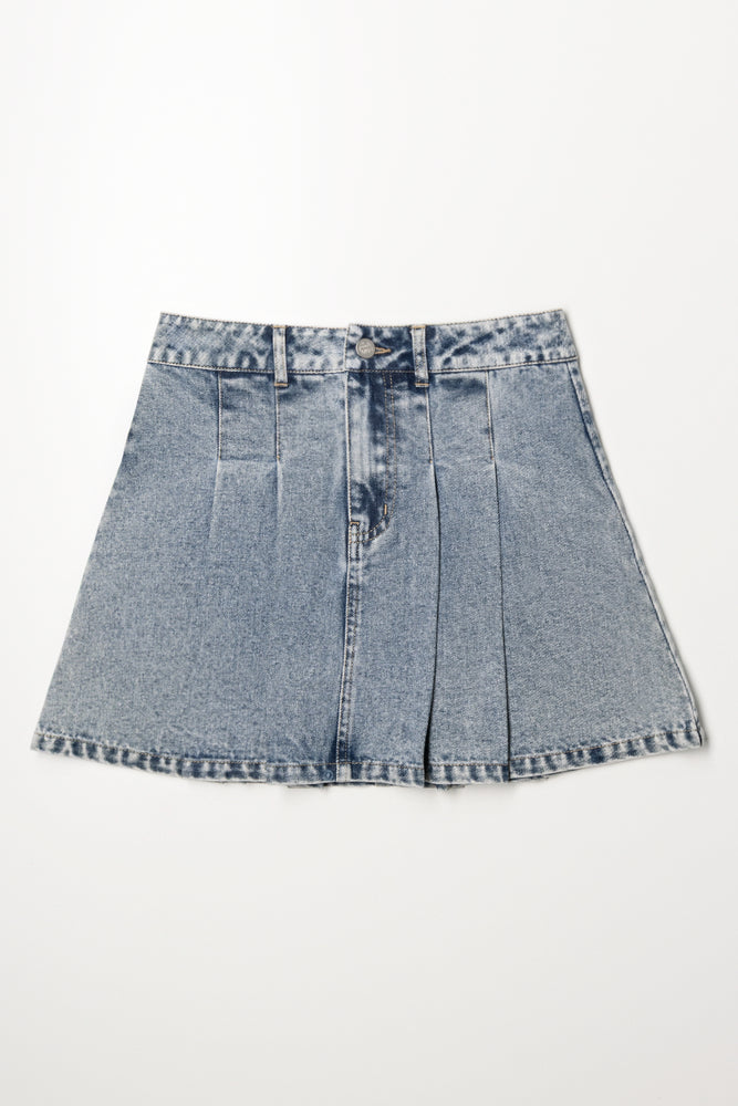 Pleated Denim Skirt Light Blue