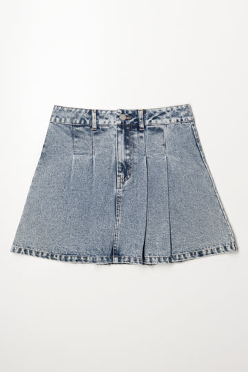 Pleated Denim Skirt Light Blue