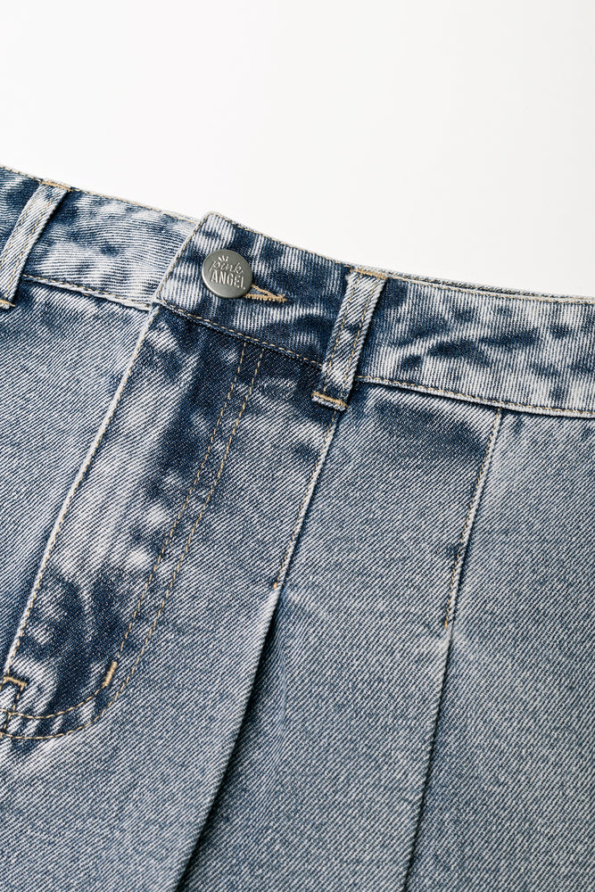 Pleated Denim Skirt Light Blue (1)