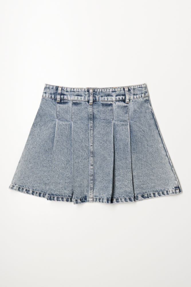 Pleated Denim Skirt Light Blue (2)