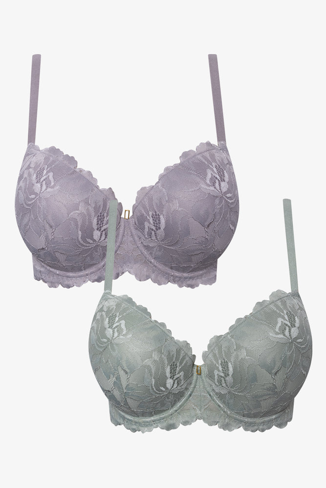 2 Pack Lace Balconette Bra Purple And Grey