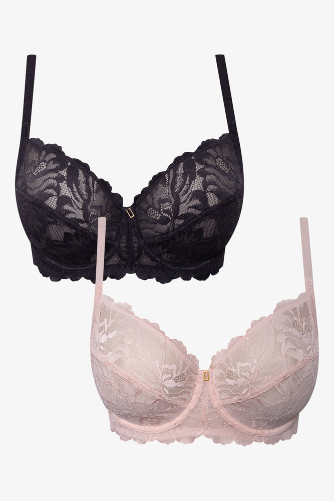 Plus Size 2 Pack Lace Non Padded Underwire Bra Black And Pink