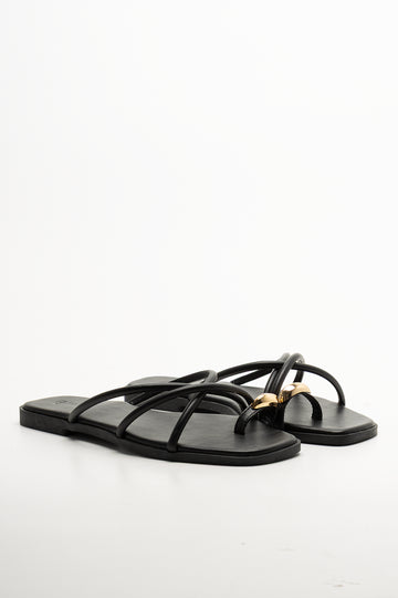Metal Trim Toe Post Mule Sandals Black