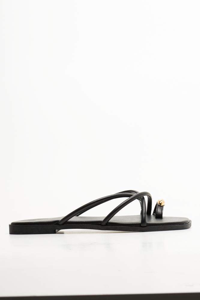 Metal Trim Toe Post Mule Sandals Black