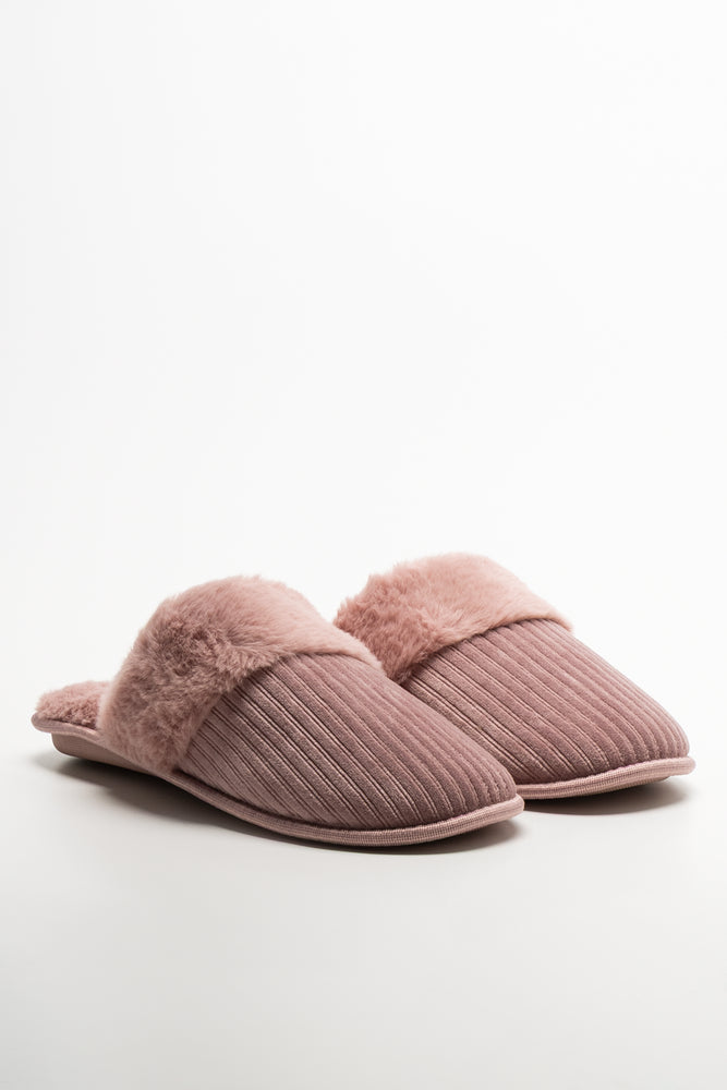Fur Trim Closed Slippers Pink