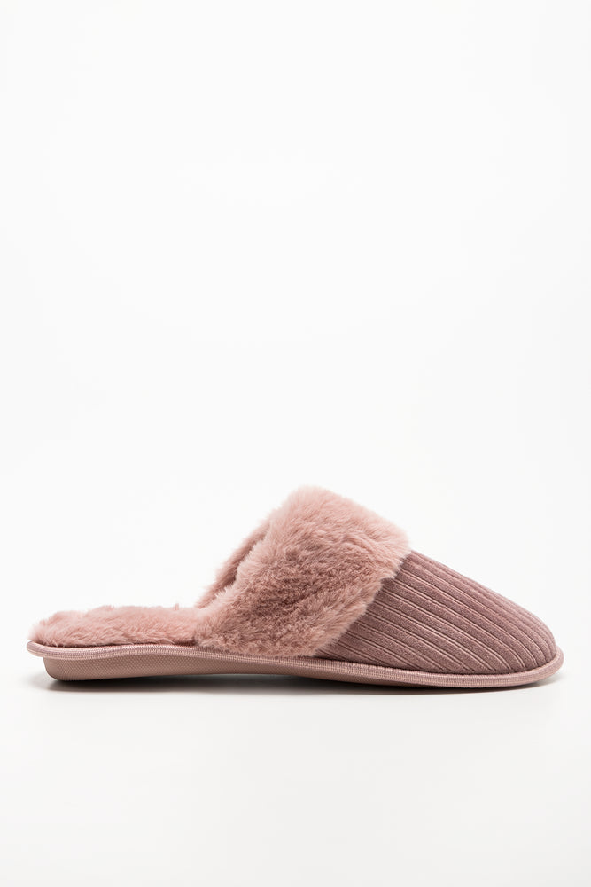 Fur Trim Closed Slippers Pink
