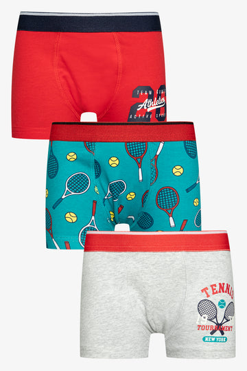 3 Pack Tennis Boxers Grey, Red And Green