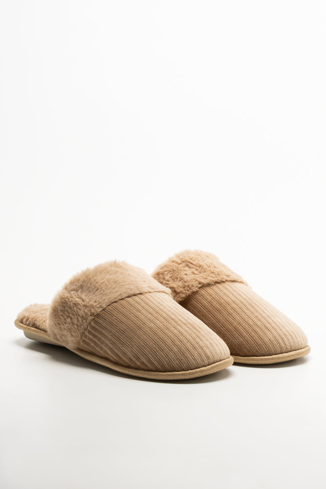 Fur Trim Closed Slippers Natural