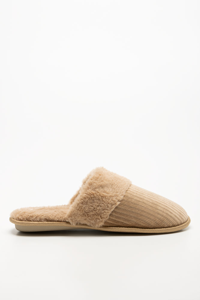 Fur Trim Closed Slippers Natural