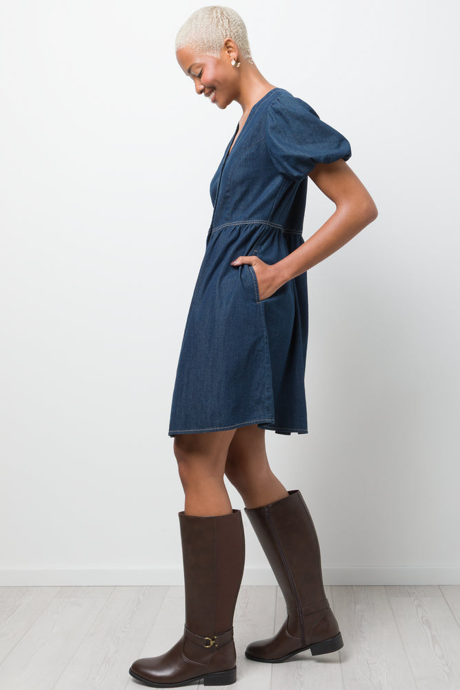 Puff Sleeve Fit And Flare Denim Dress