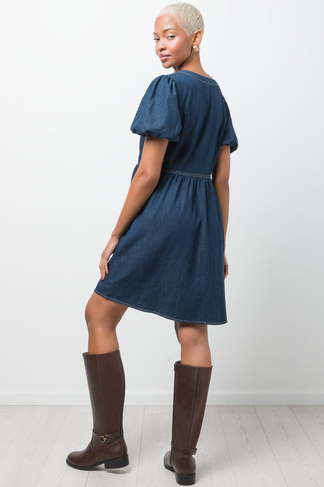 Puff Sleeve Fit And Flare Denim Dress (2)
