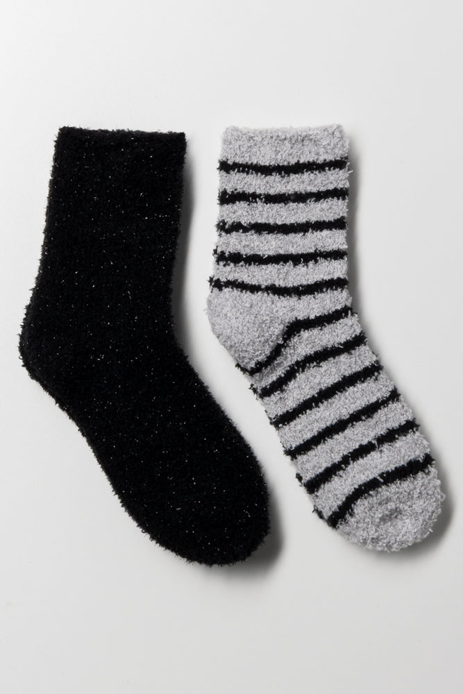 2 Pack Stripe Chunky Socks Black And Grey