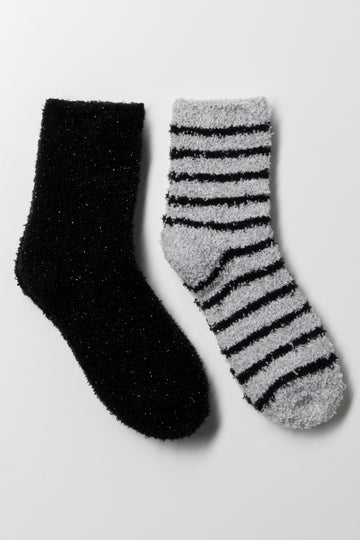 2 Pack Stripe Chunky Socks Black And Grey