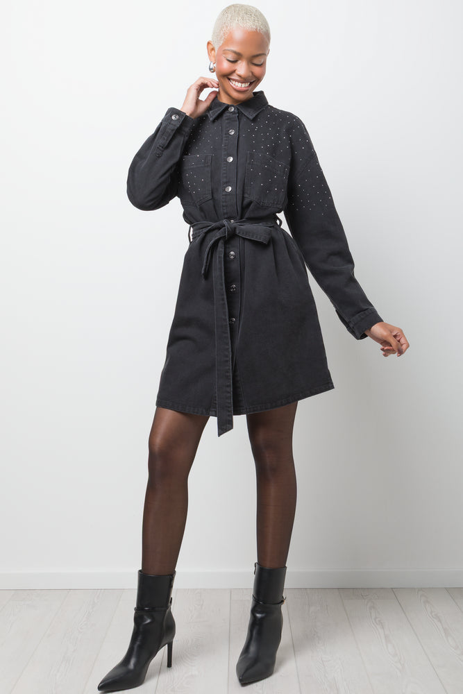 Belted Denim Dress With Sequins Black