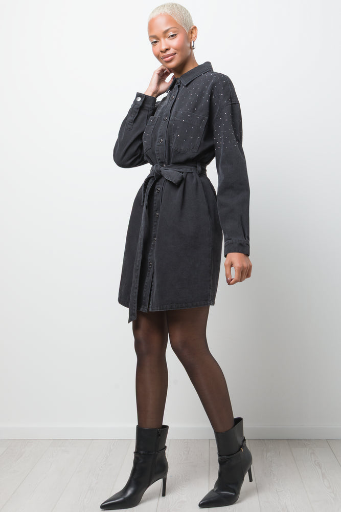 Belted Denim Dress With Sequins Black (1)
