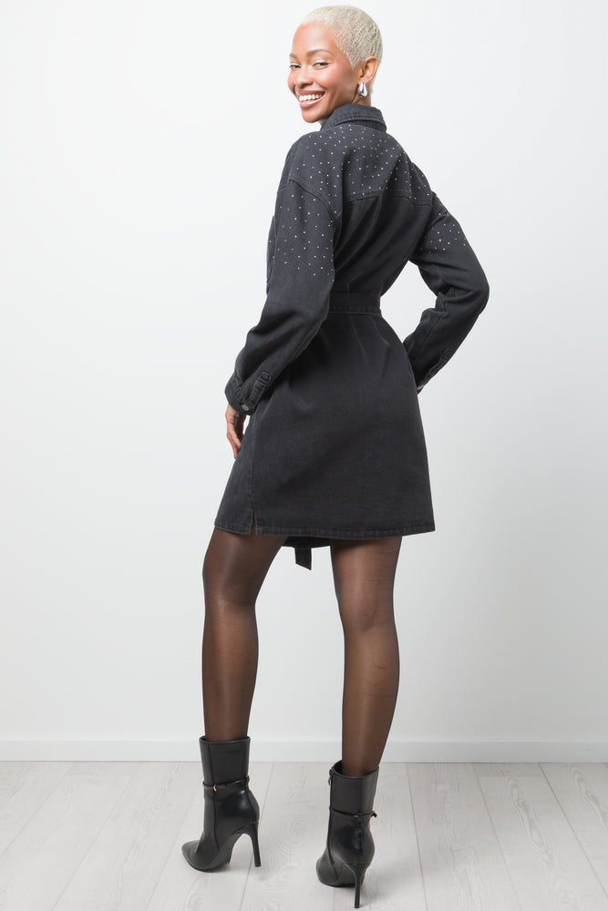 Belted Denim Dress With Sequins Black (2)