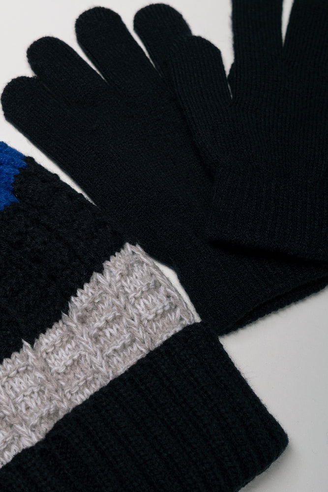 Stripe Beanie And Gloves Set Grey And Navy