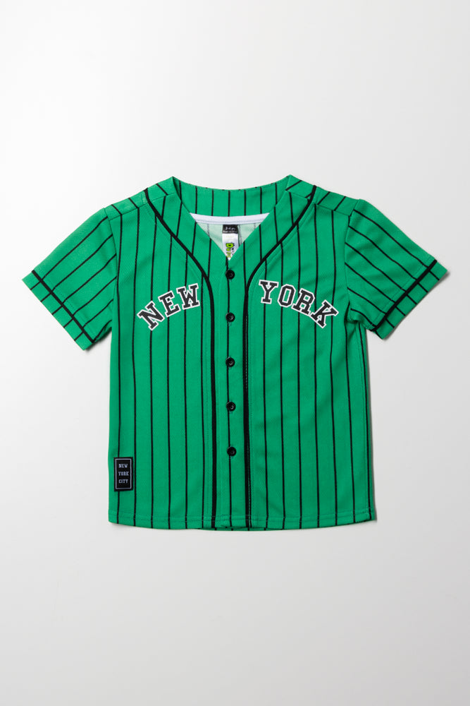 Baseball Stripe Button Through T-Shirt Green