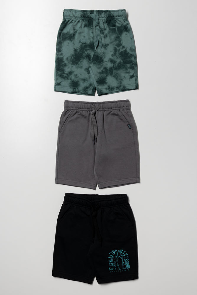 3 Pack Tie Dye Shorts Green, Dark Grey And Black