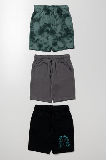 3 Pack Tie Dye Shorts Green, Dark Grey And Black