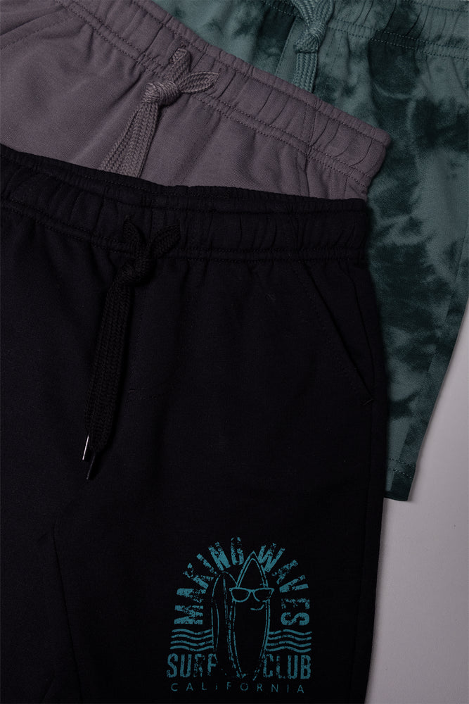 3 Pack Tie Dye Shorts Green, Dark Grey And Black