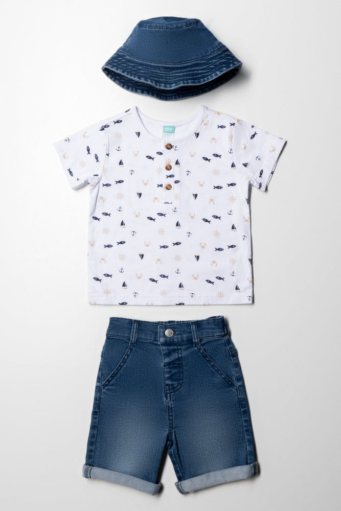 3 Piece Henley Set White And Blue