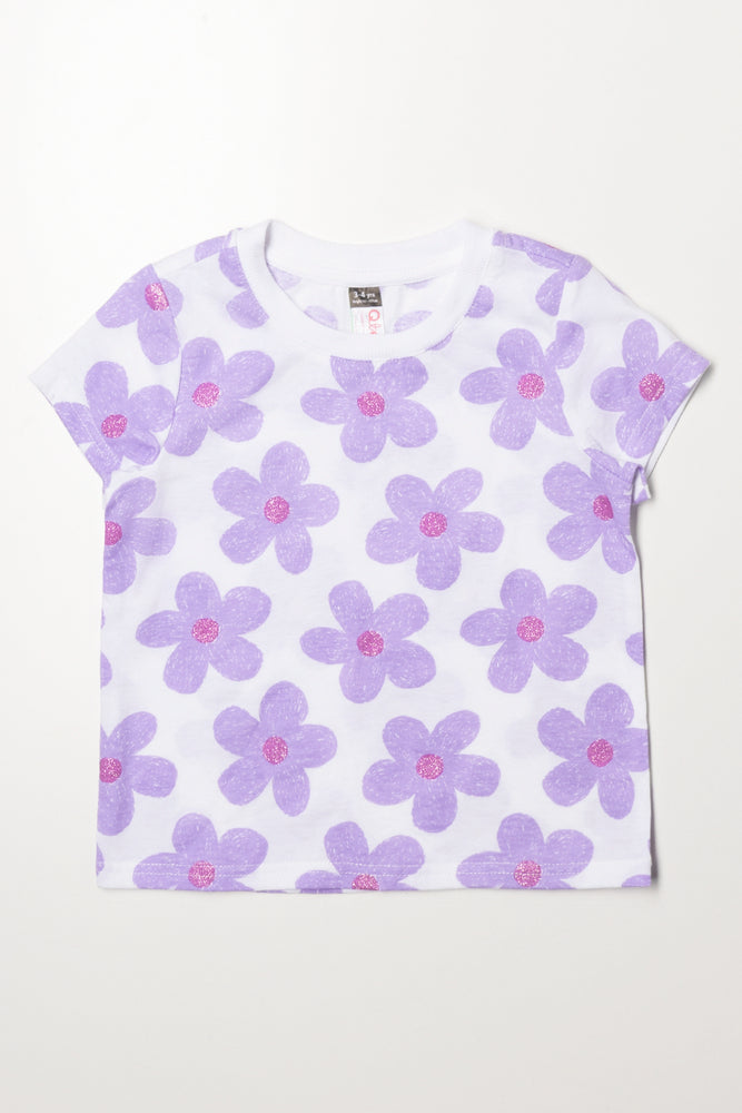 Floral Short Sleeve T-Shirt White And Purple