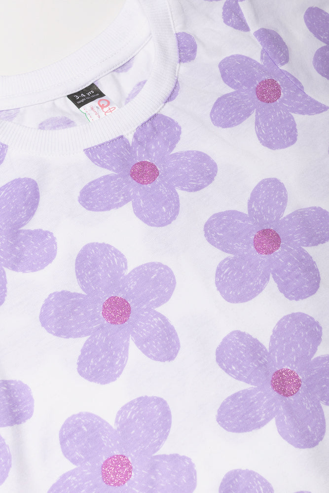 Floral Short Sleeve T-Shirt White And Purple