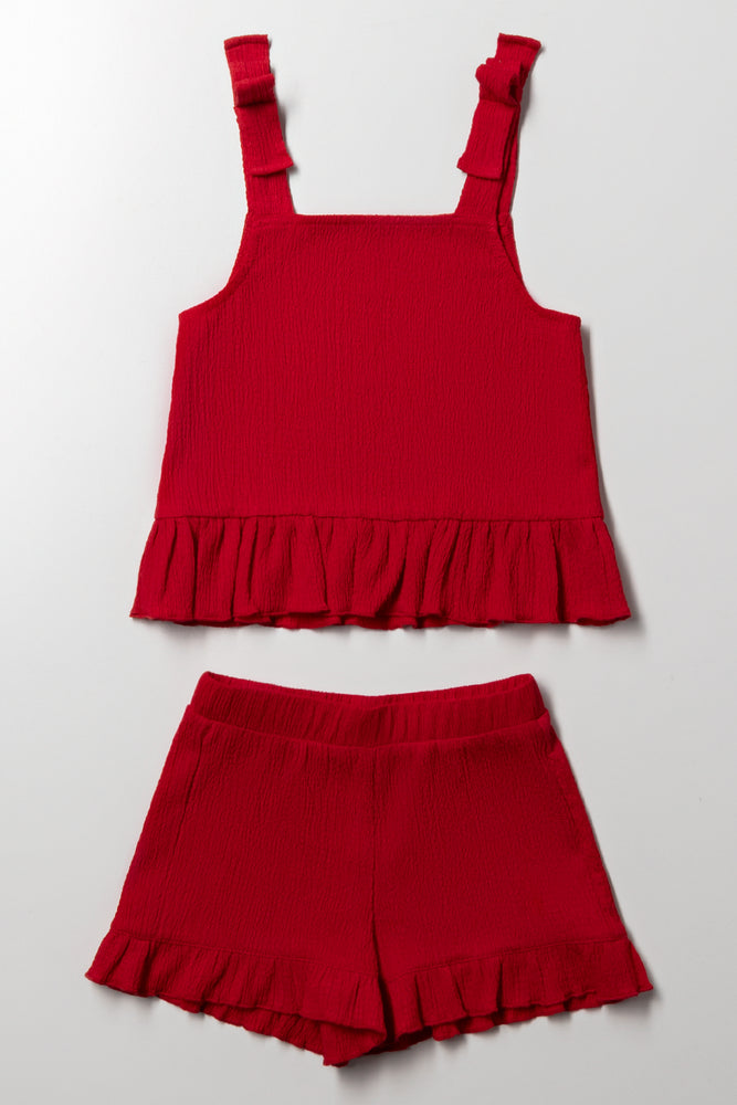 STRAPPY PEPLUM TEXTURED KNIT SET RED