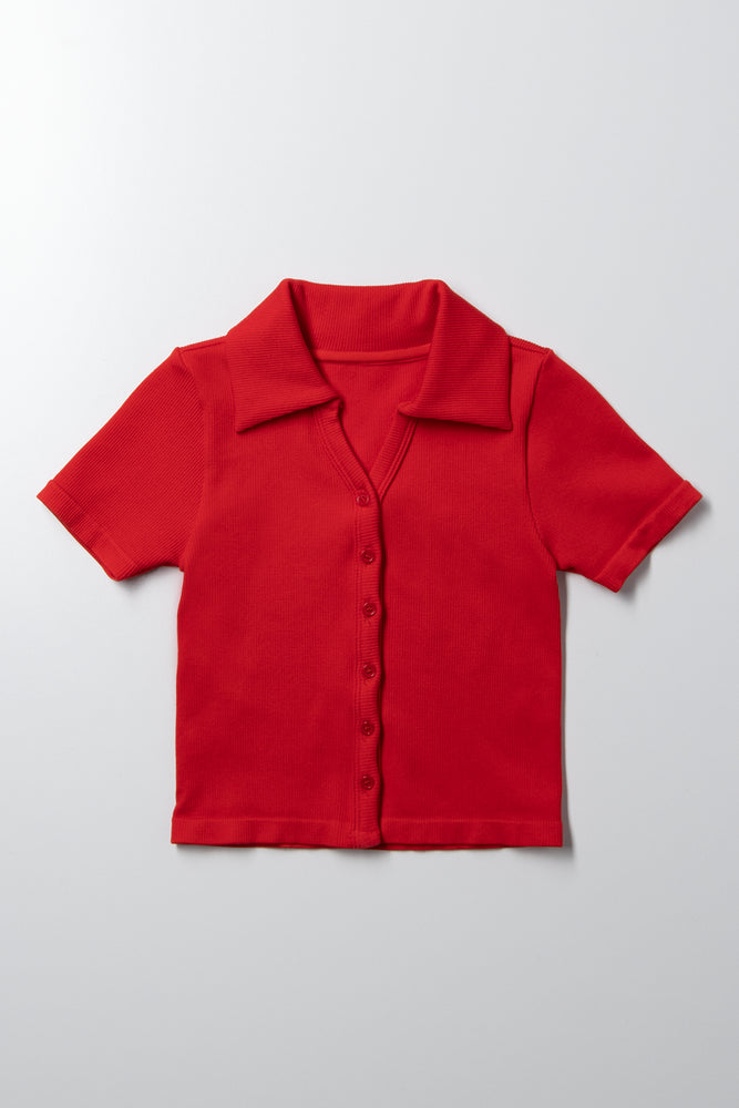 Seamless Button Down Collar Top Red