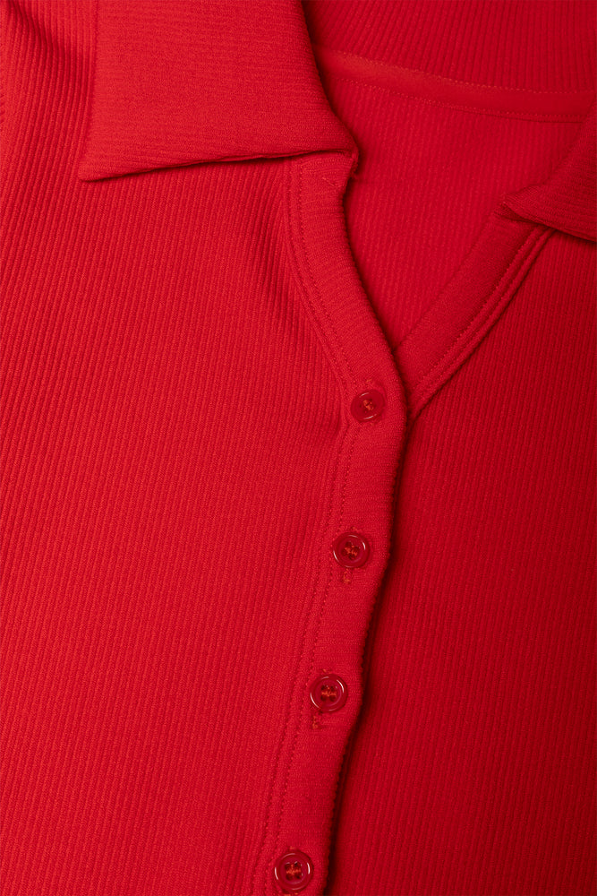 Seamless Button Down Collar Top Red