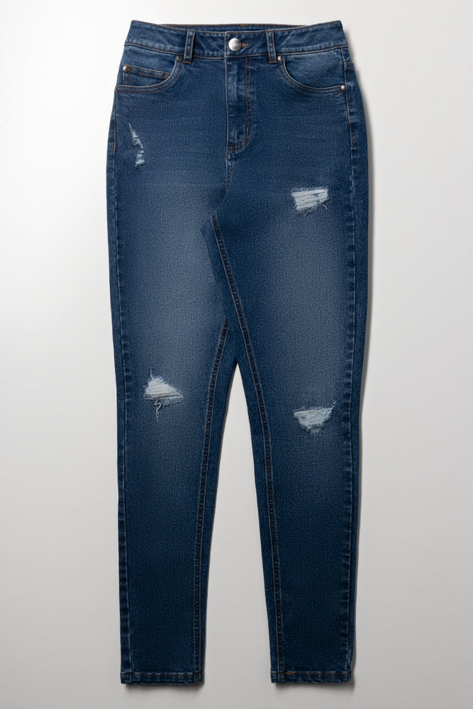 Rip And Repair Skinny Denim Jean Dark Blue