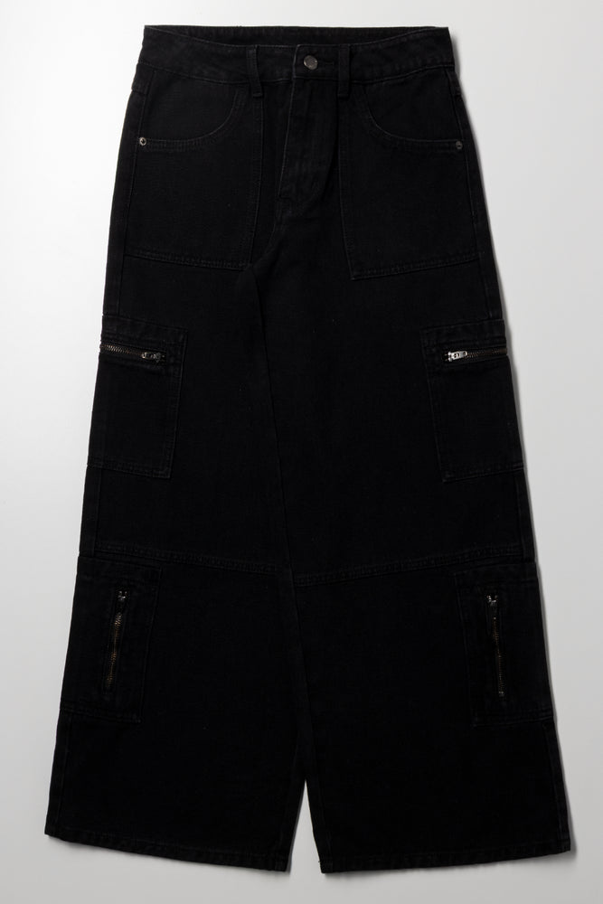 Multi Zip Cargo Denim Jeans Black