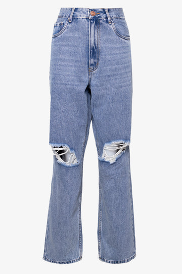 Ripped Straight Leg Denim Jeans Blue