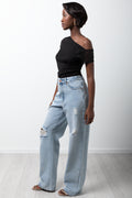 Distressed Straight Leg Jean Light Blue