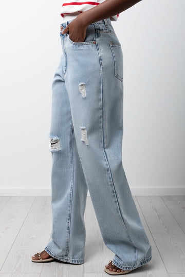 Distressed Straight Leg Jean Light Blue
