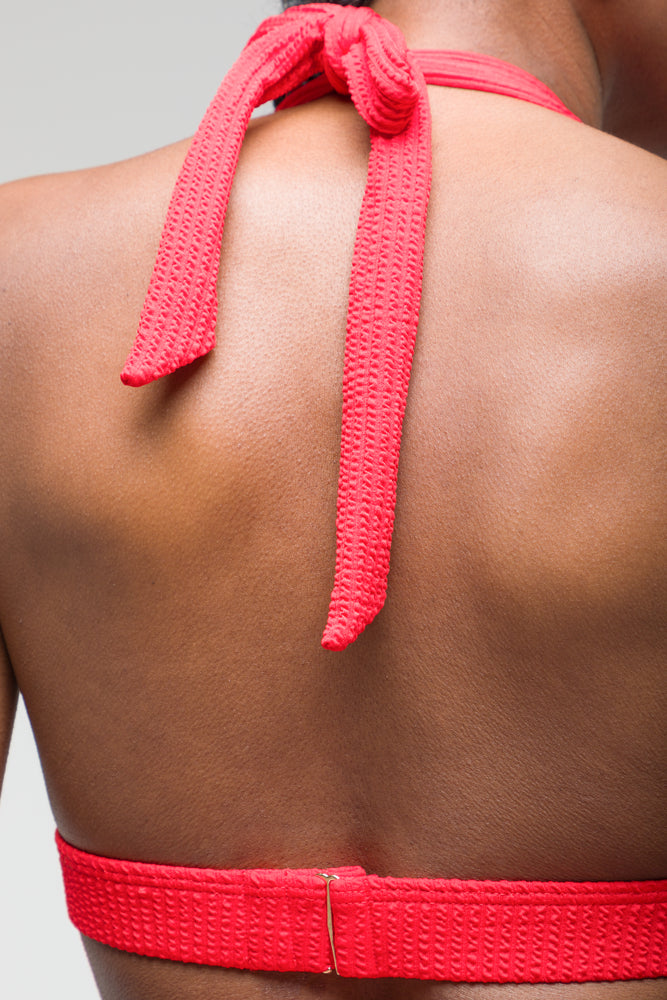 Textured Halter Neck Bikini Top Red