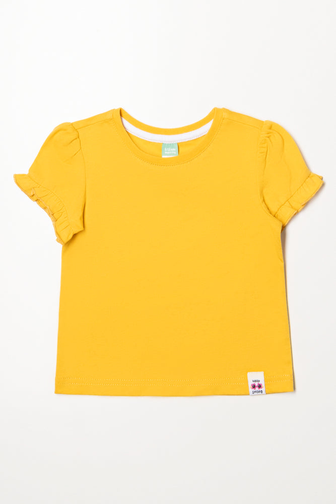 Frill Sleeve Plain T-Shirt Yellow