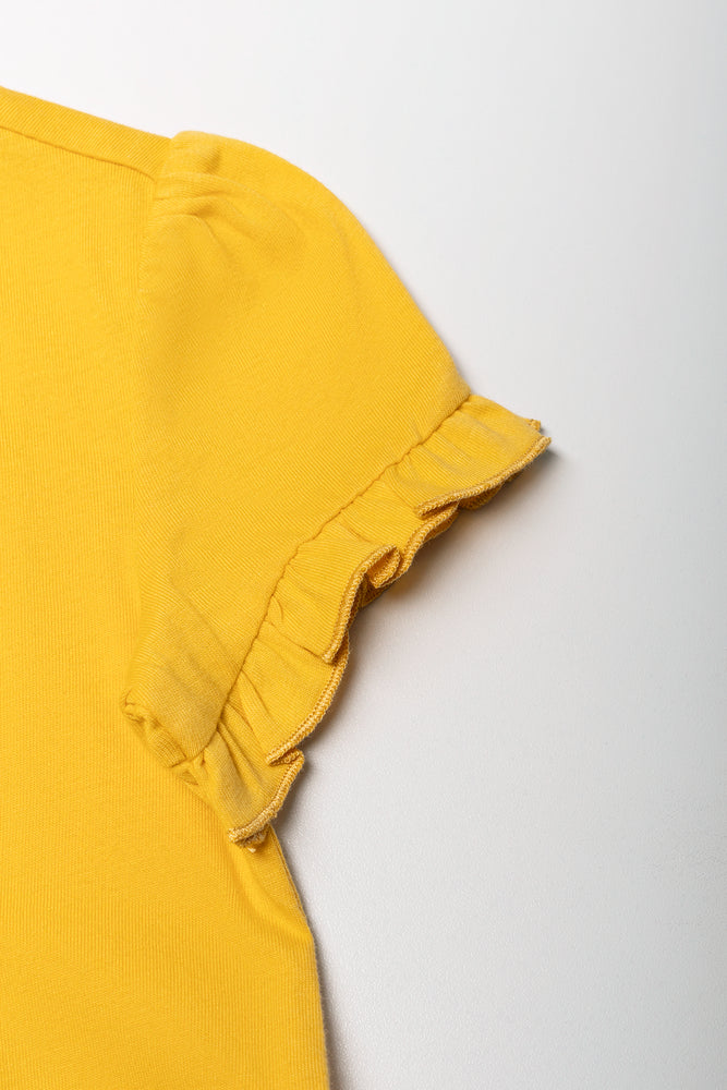 Frill Sleeve Plain T-Shirt Yellow